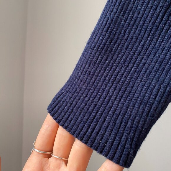🍂 Navy Ribbed Flared A-Line Short Sleeves Open Knit Top Round Neckline - Picture 7 of 7